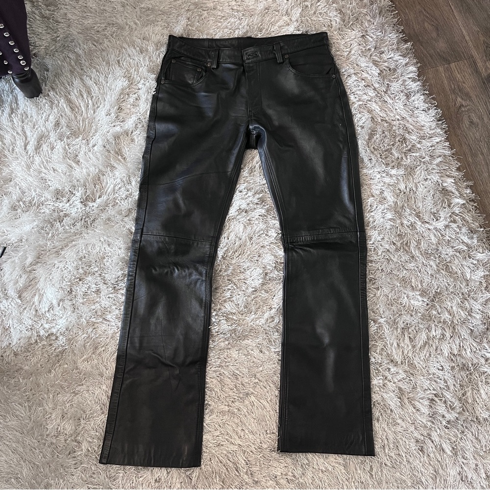 Leathercult black genuine leather pants jeans style five pocket biker pants